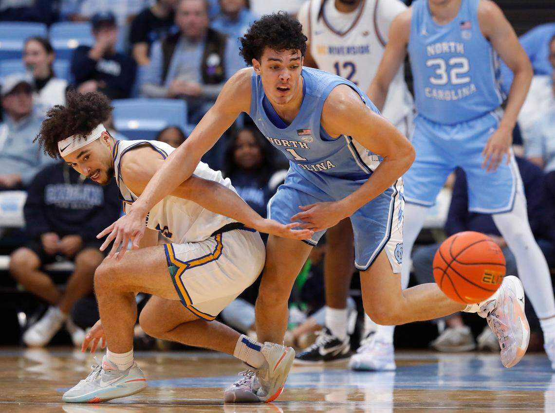 UC Riverside’s Isaiah Moses and North Carolina’s Zayden High chase after a loose ball during the second half of the Tar Heels’ 77-52 win on Friday, Nov. 17, 2023, at the Smith Center in Chapel Hill, N.C.