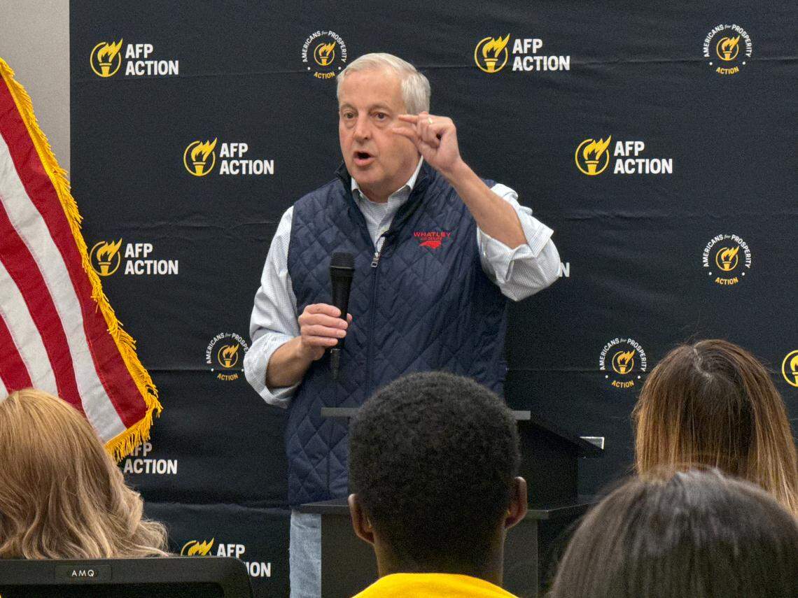 Senate candidate Michael Whatley speaks to a group of volunteers about the importance of his race before they go out to knock on doors in Charlotte on his behalf on Saturday, Feb. 21, 2026.