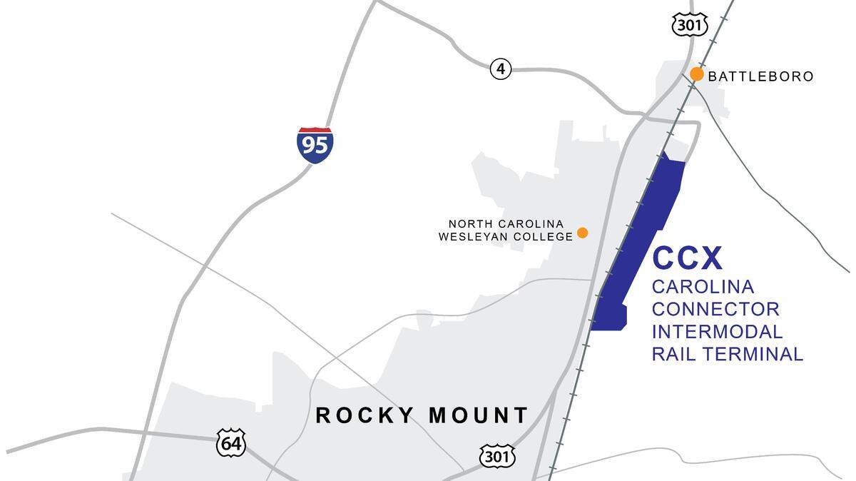 The Carolina Connector rail yard is located on 330 acres along the CSX Railroad’s mainline on the north side of Rocky Mount.