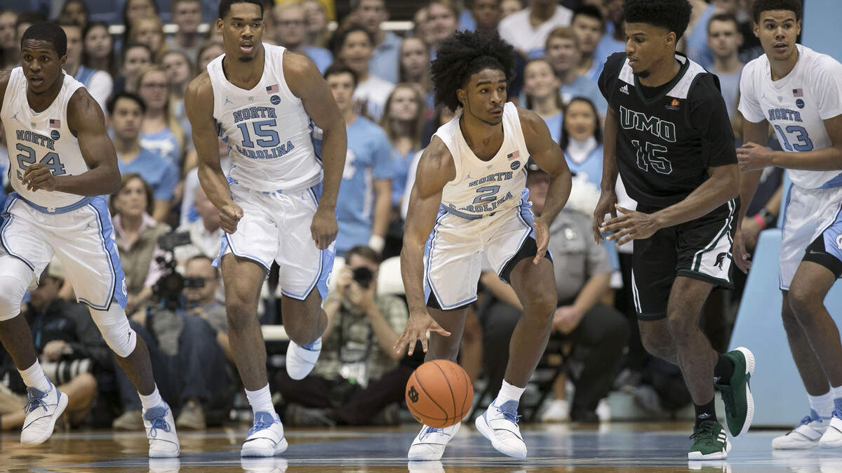 North Carolina freshman Coby White (2) runs the offense during the first half of the Tar Heels’ exhibition game against Mt. Olive on Friday, November 2, 2018 at the Smith Center in Chapel Hill, N.C.