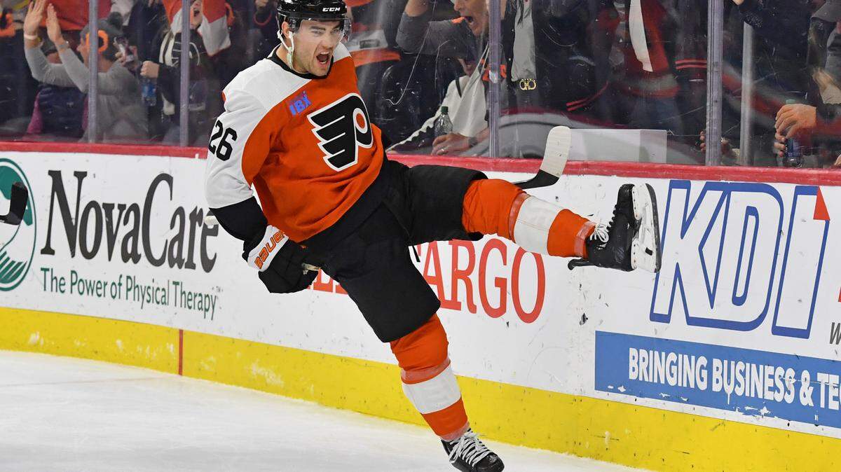 Feb 27, 2024; Philadelphia, Pennsylvania, USA; Philadelphia Flyers defenseman Sean Walker (26) celebrates his goal against the Tampa Bay Lightning during the third period at Wells Fargo Center. Mandatory Credit: Eric Hartline-USA TODAY Sports