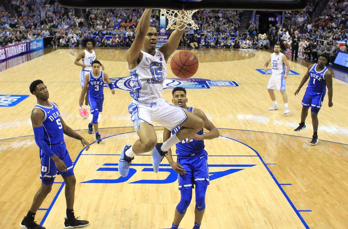 North Carolina’s Garrison Brooks (15) slams in two during Duke’s 74-73 victory over UNC in the semifinals of the 2019 ACC Tournament in Charlotte, N.C., Friday, March 15, 2019.