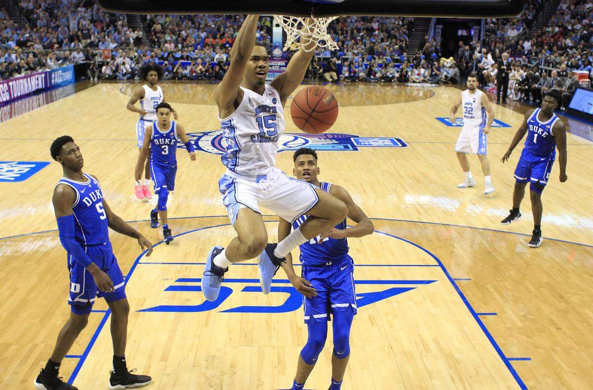 North Carolina’s Garrison Brooks (15) slams in two during Duke’s 74-73 victory over UNC in the semifinals of the 2019 ACC Tournament in Charlotte, N.C., Friday, March 15, 2019.