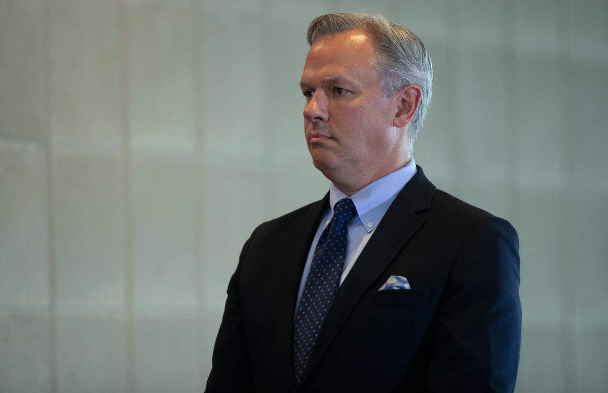 Lt. Governor Dan Forest listens as Sen. Phil Berger speaks during a press conference with GOP leaders at the General Assembly, calling for the immediate reopening of the North Carolina schools for in-person learning on Wednesday, September 16, 2020 in Raleigh, N.C. Forest said he would lift the stateÕs face mask requirement if heÕs elected governor.