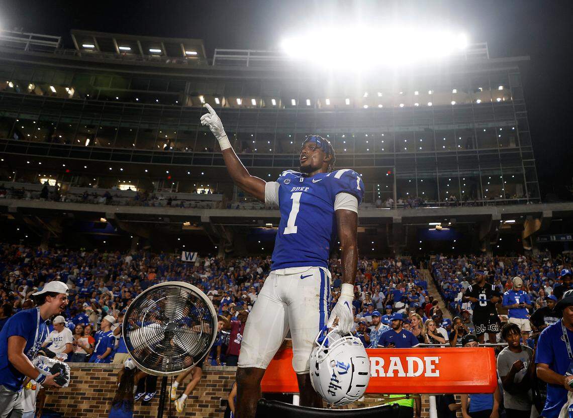 Duke’s Myles Jones celebrates in the closing seconds of Duke’s 28-7 win over Clemson on Monday, Sept. 4, 2023, at Wallace Wade Stadium in Durham, N.C.