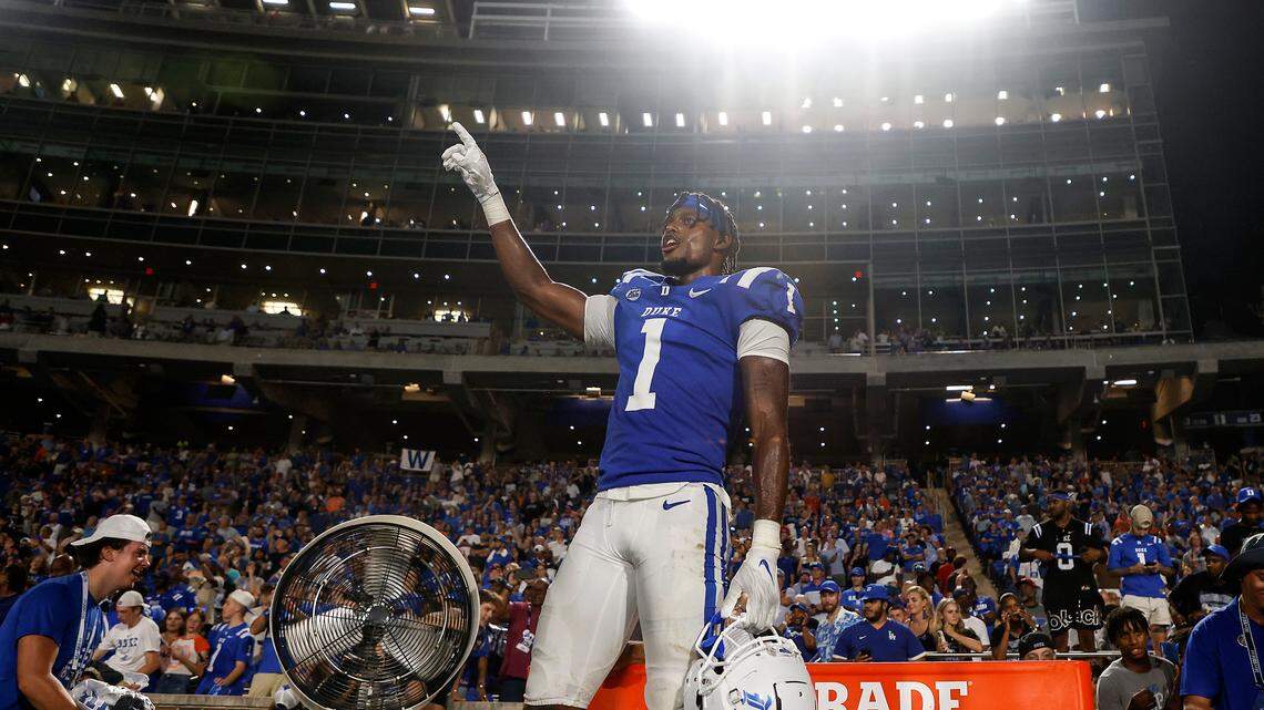 Duke’s Myles Jones celebrates in the closing seconds of Duke’s 28-7 win over Clemson on Monday, Sept. 4, 2023, at Wallace Wade Stadium in Durham, N.C.