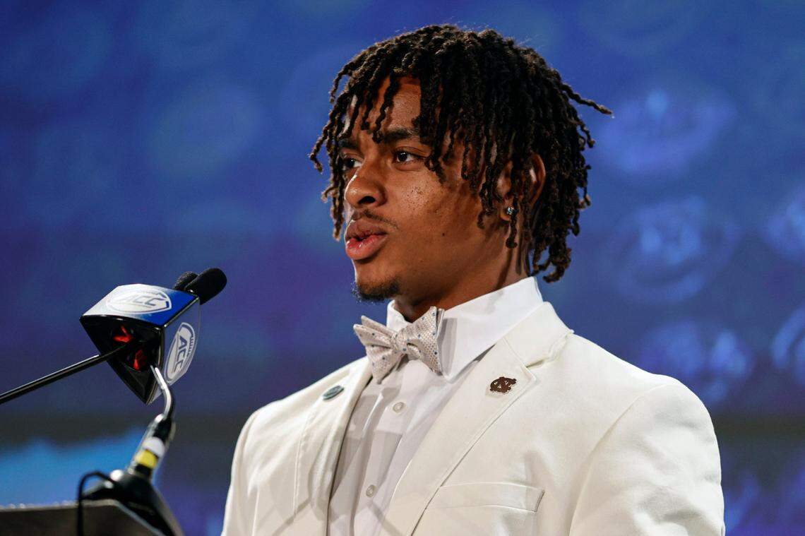 North Carolina wide receiver Josh Downs answers a question at the NCAA college football Atlantic Coast Conference Media Days in Charlotte, N.C., Thursday, July 21, 2022. (AP Photo/Nell Redmond)