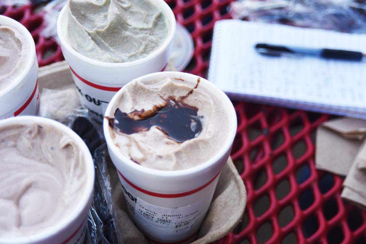 Yes, that’s a pool of chocolate syrup in the double chocolate milkshake at Cook Out.