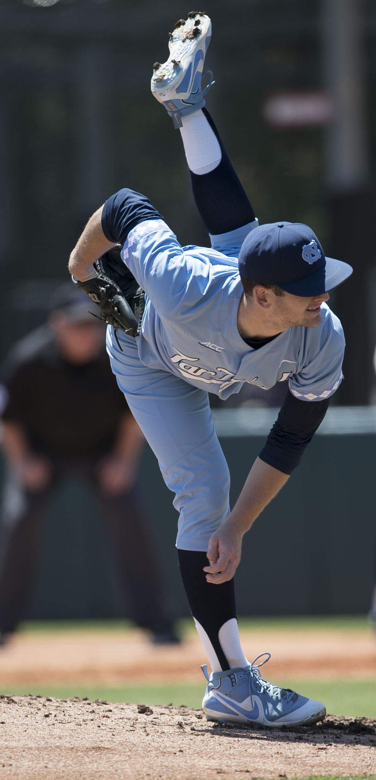 North Carolina pitcher Caden O’Brien (34) follows through after delivering a pitch from the mound in the third inning against N.C. State on Sunday, April 29, 2018 at Doak Field in Raleigh, N.C. O’Brien was credited with the win after North Carolina defeated N.C. State 5-4.