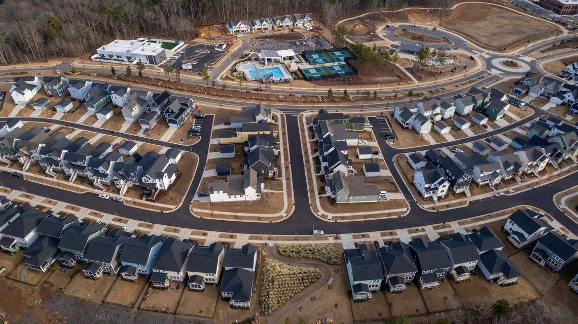 An aerial view of the Chatham Park subdivision in Pittsboro Thursday, Dec. 21, 2023.