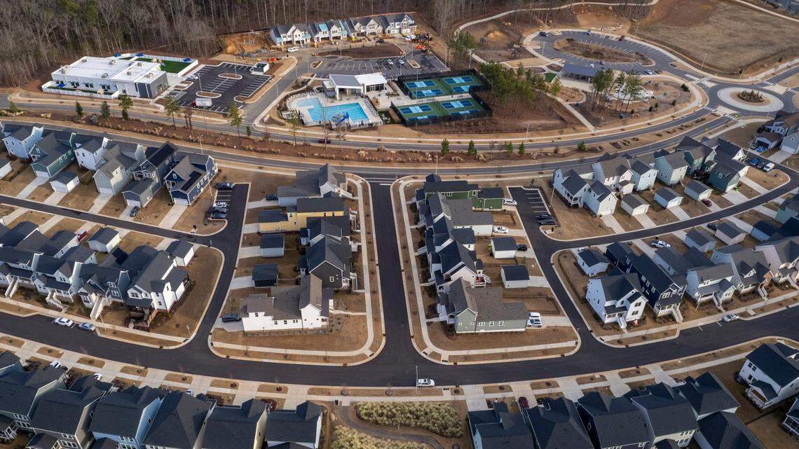 An aerial view of the Chatham Park subdivision in Pittsboro Thursday, Dec. 21, 2023.