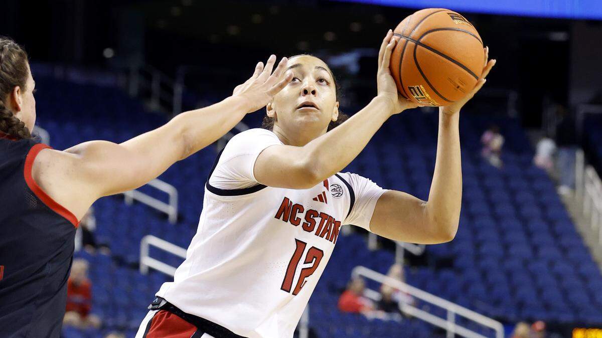 N.C. State's Khamil Pierre (12) prepares to shoot as Maryland's Rainey Welson (0) defends during the first half of N.C. State’s exhibition game against Maryland at the First Horizon Coliseum in Greensboro, N.C., Sunday Oct. 26, 2025. Tuesday, the Wolfpack outlasted Tennessee in a season-opening battle between ranked teams.