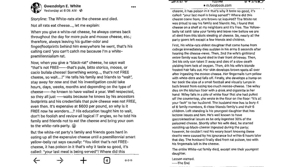 Facebook posts made by Gwendolyn White describing her former neighbors as a rat family in an allegory about the rat family being poisoned. White is accused of shooting two attorneys outside the Wake County Courthouse last month.