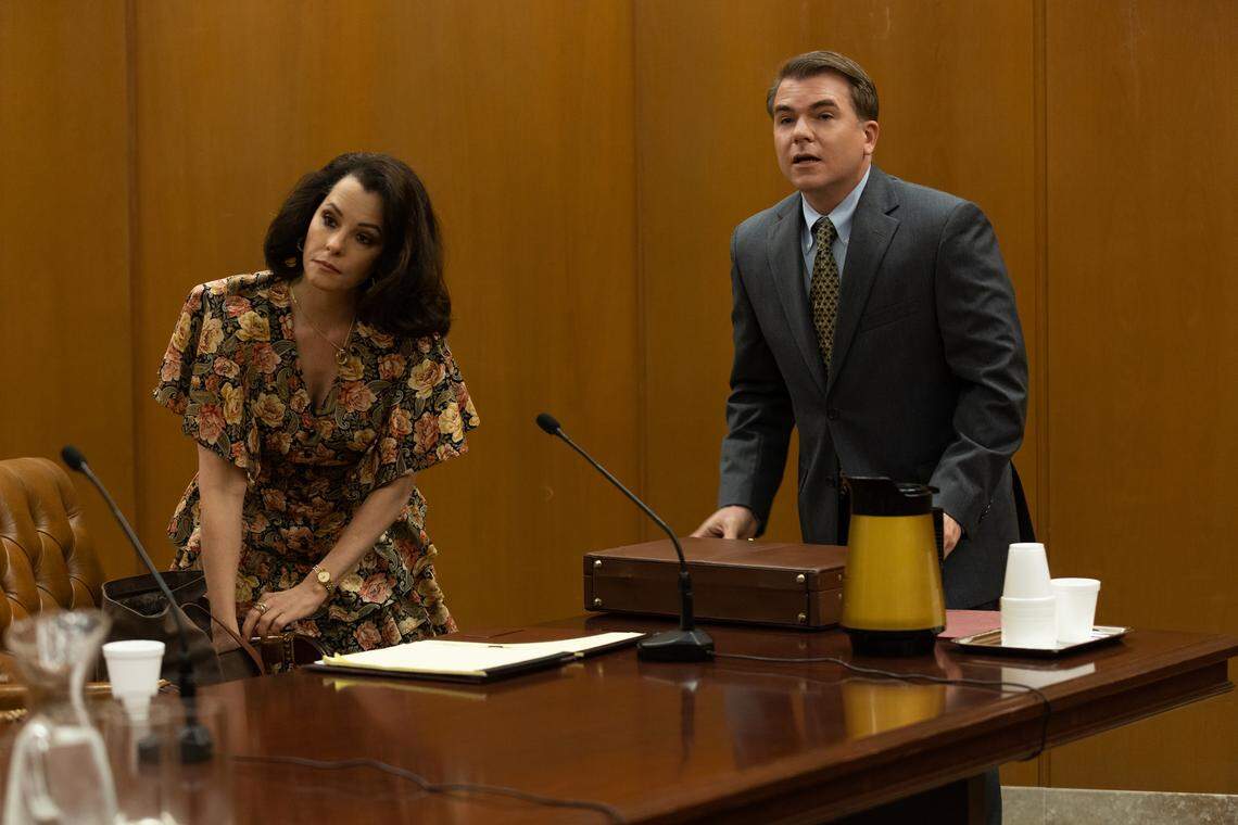 From the HBO limited series “The Staircase”: Parker Posey as Freda Black and Cullen Moss as Jim Hardin.