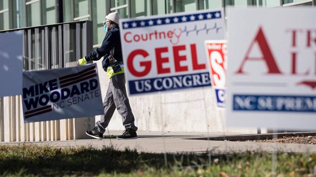 Campaign signs outside of the Durham County Main Library on Tuesday, Nov. 8, 2022, in Durham, N.C.