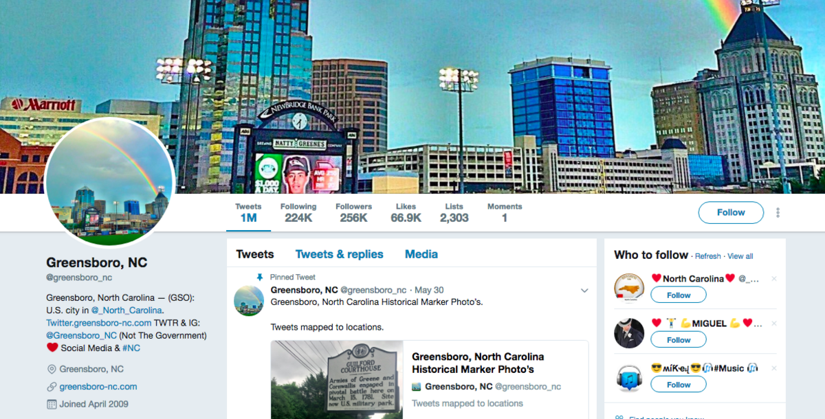 A screen shot of the @Greenboro_NC Twitter account. The account is not the official site of the City of Greensboro, but has many more followers than the official Greensboro account @greensborocity.
