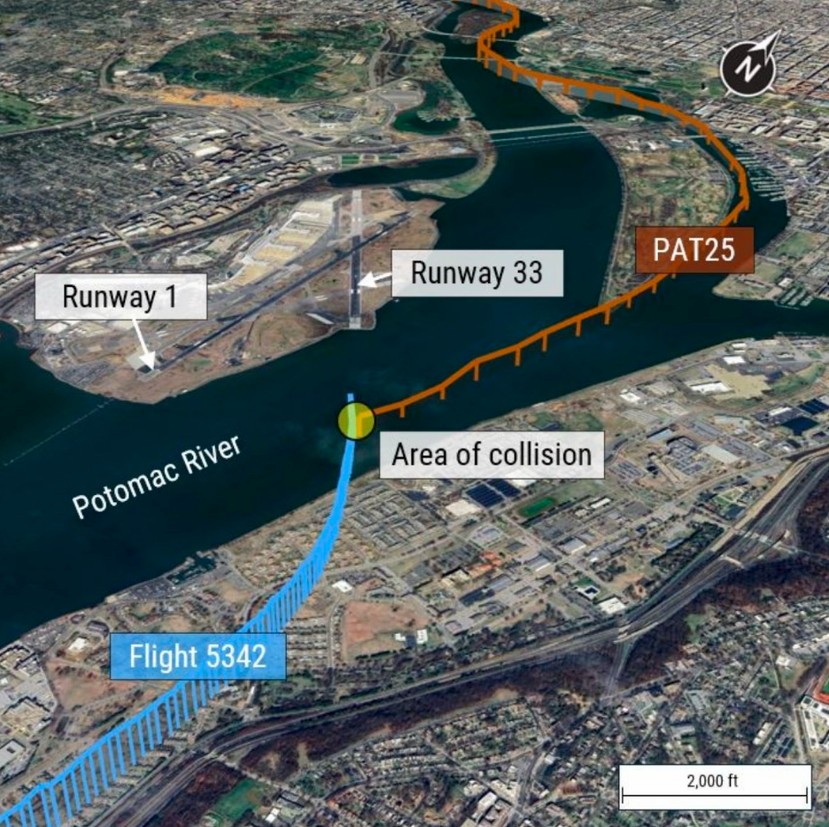 The paths of American Eagle Flight 5342 (blue) and a U.S. Army UH-60 Black Hawk helicopter (orange) that collided over the Potomac River near Washington Reagan National Airport on Jan. 29, 2025.