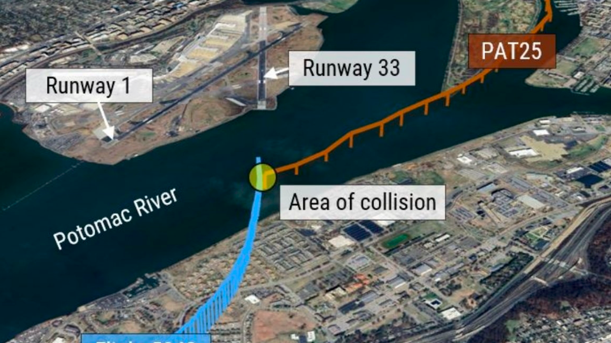 The paths of American Eagle Flight 5342 (blue) and a U.S. Army UH-60 Black Hawk helicopter (orange) that collided over the Potomac River near Washington Reagan National Airport on Jan. 29, 2025.