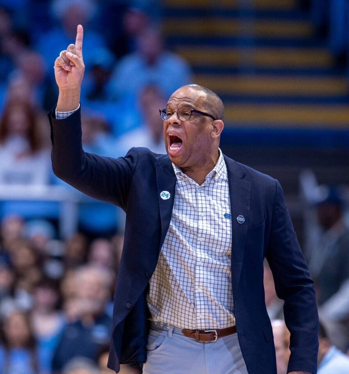 North Carolina coach Hubert Davis directs his players in the first half against Clemson on Tuesday, February 6, 2024 at the Dean E. Smith Center in Chapel Hill, N.C.