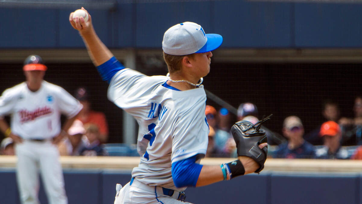 Duke starting pitcher Andrew Healy throws during the first inning of a NCAA college baseball super regional game against Virginia, Friday, June 9, 2023, in Charlottesville.