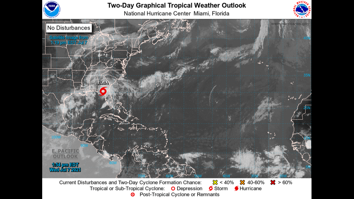A map from the National Hurricane Center shows Tropical Storm Elsa’s location as of just before 2 p.m. Wednesday.