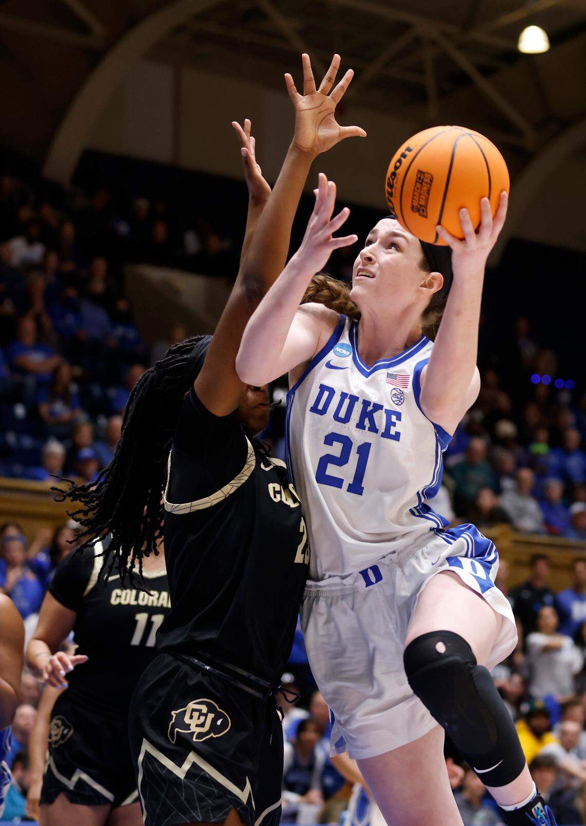 Duke’s Kennedy Brown makes a move to the basket during the second half of the Blue Devils’ 61-53 loss to Colorado in an NCAA Tournament second round game at Cameron Indoor Stadium on Monday, March 20, 2023, in Durham, N.C.