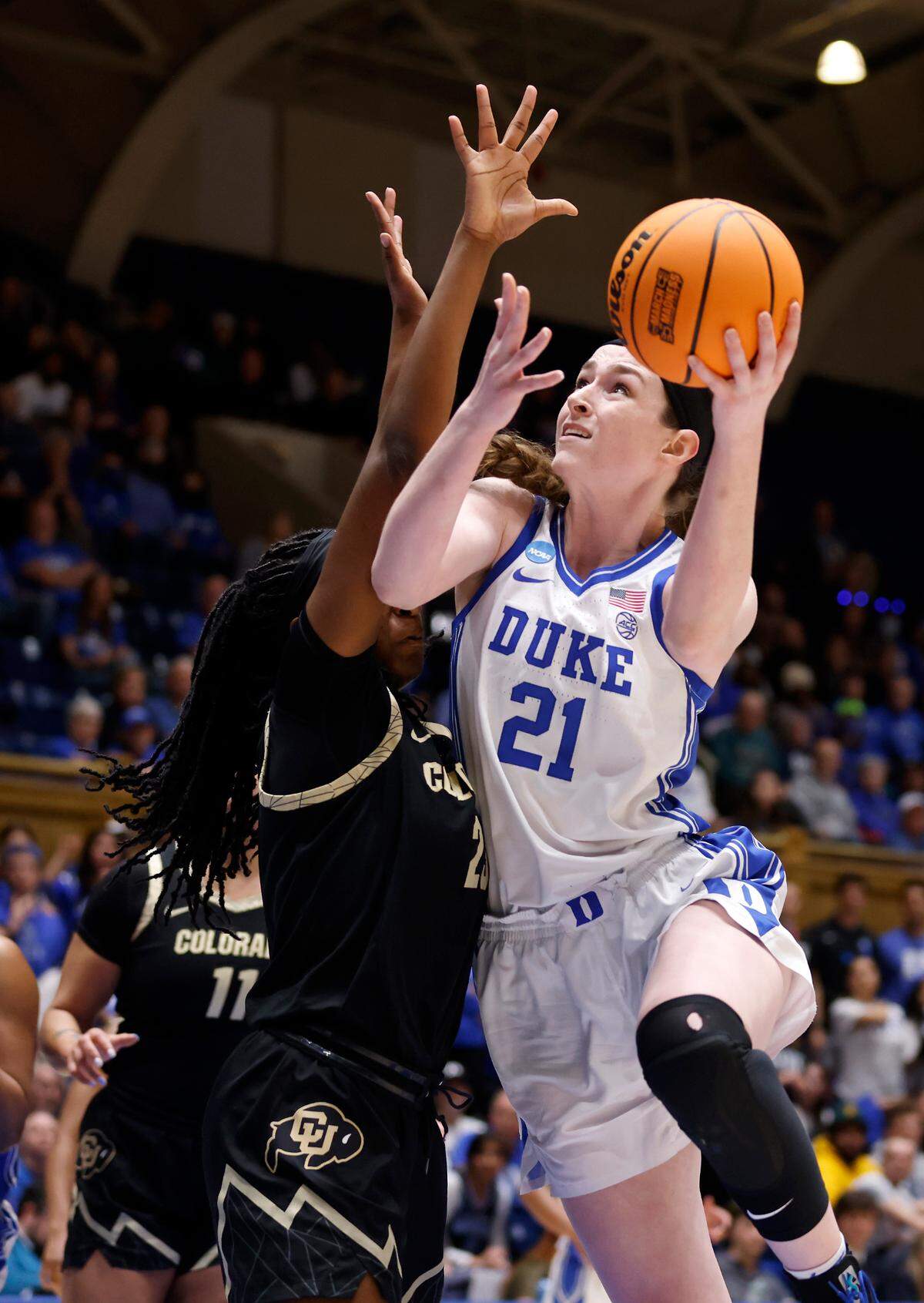 Duke’s Kennedy Brown makes a move to the basket during the second half of the Blue Devils’ 61-53 loss to Colorado in an NCAA Tournament second round game at Cameron Indoor Stadium on Monday, March 20, 2023, in Durham, N.C.