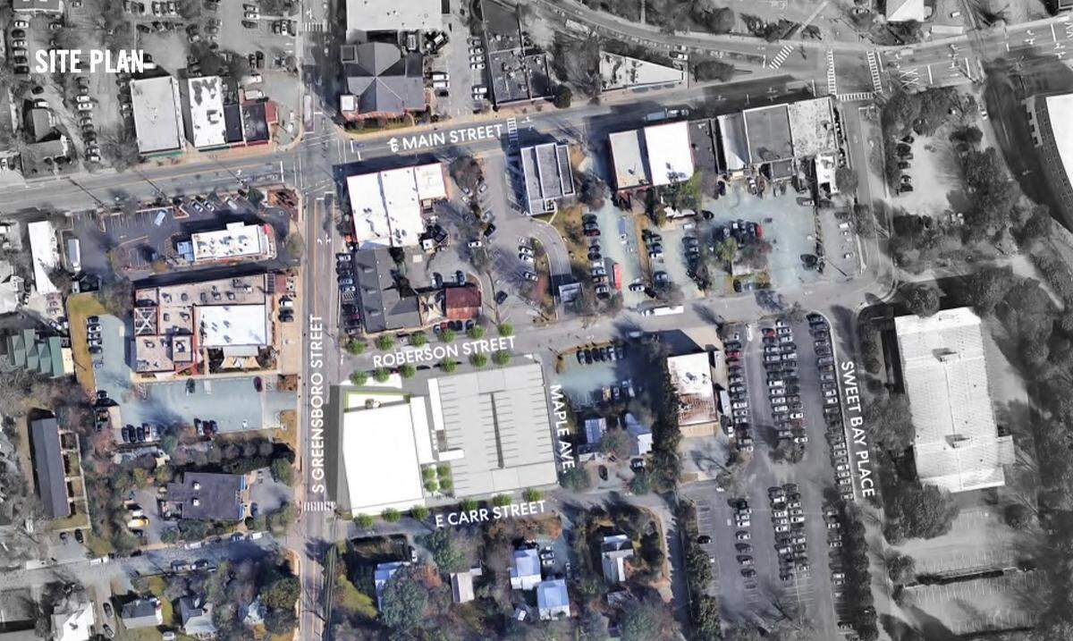The proposed Southern Branch Library and municipal center would replace a public parking lot now located across the street from Open Eye Cafe at 203 S. Greensboro St.