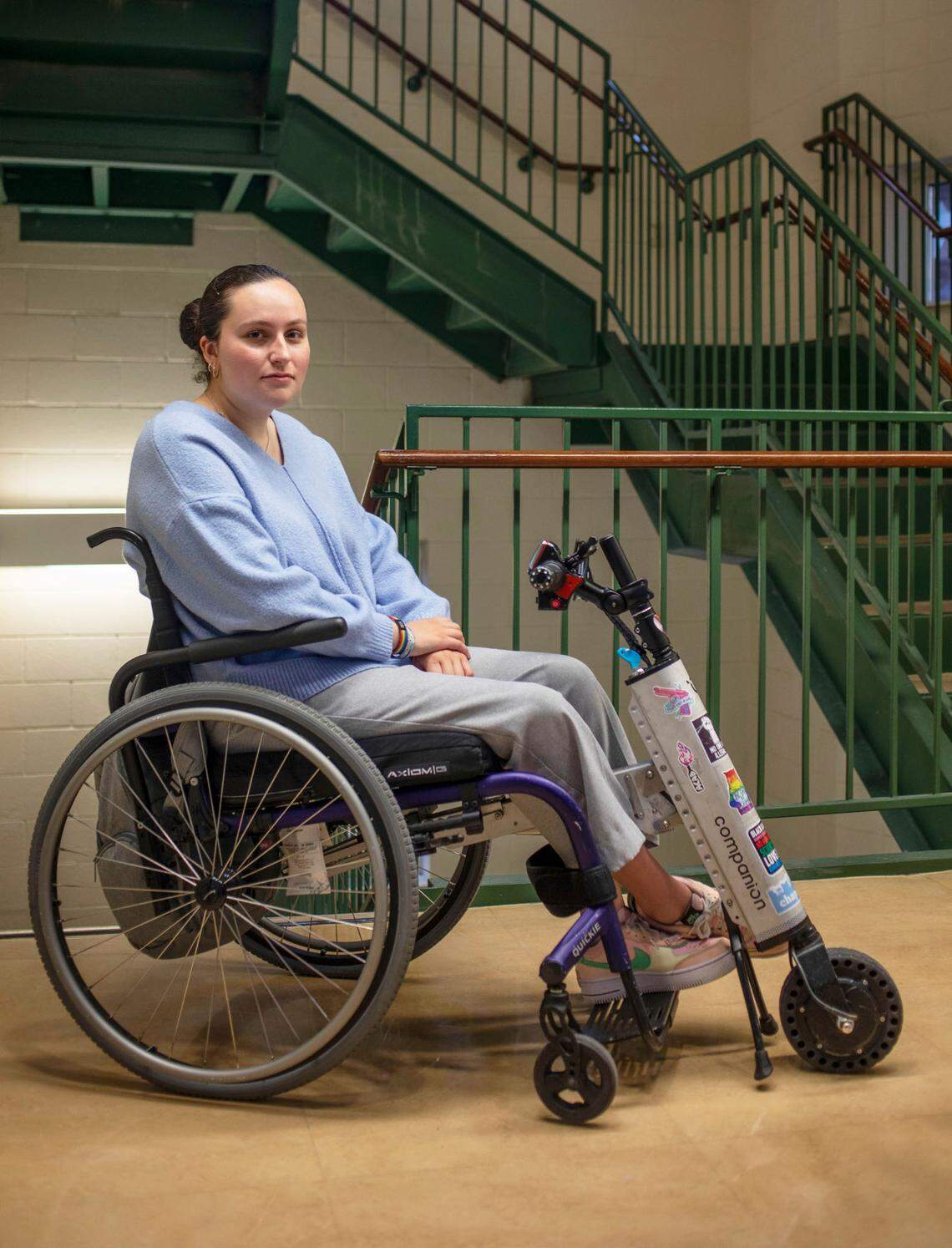 Laura Saavedra Forero, a first year student at UNC-Chapel Hill, lives on the fourth floor of Koury Residence Hall in Chapel Hill, N.C. She was told the elevator in her building was broken, but she needed to get to the campus health clinic. Hours went by before she could be transported down the stairwell, pictured here on Wednesday, March 9, 2022.