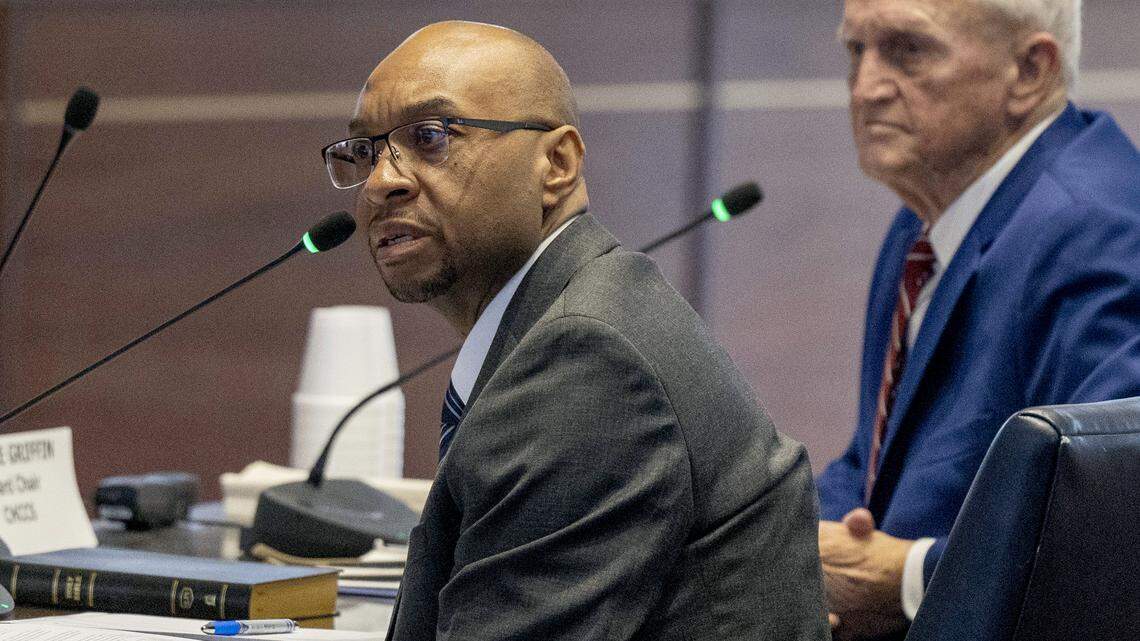 Chapel Hill-Carrboro City Schools Superintendent Rodney Trice, left, and School Board Chair George Griffin answer questions during a sometimes tense N.C. House committee hearing on Wednesday, Dec. 10, 2025, in the Legislative Building auditorium in Raleigh. Griffin apologized to the committee Wednesday for not being clearer about his comments on the Parents’ Bill of Rights amid a barrage of questions and accusations about “woke” learning in the classroom.