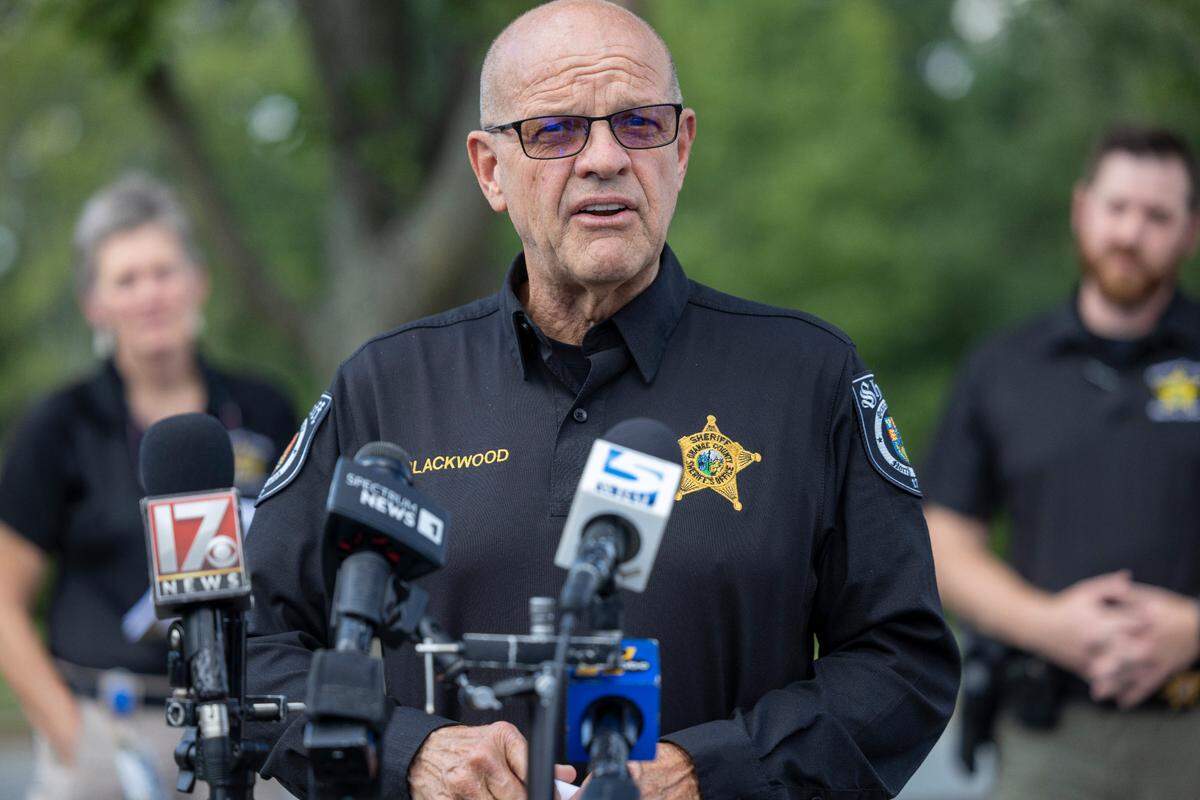 Orange County Sheriff Charles Blackwood gives an afternoon update on the search for escaped inmate Ramone Alston on Wednesday, August 14, 2024 in Hillsborough, N.C. Blackwood said he believes Alston is no longer in the area after searching hundreds of acres following his escape yesterday at UNC Hospitals in Hillsborough.
