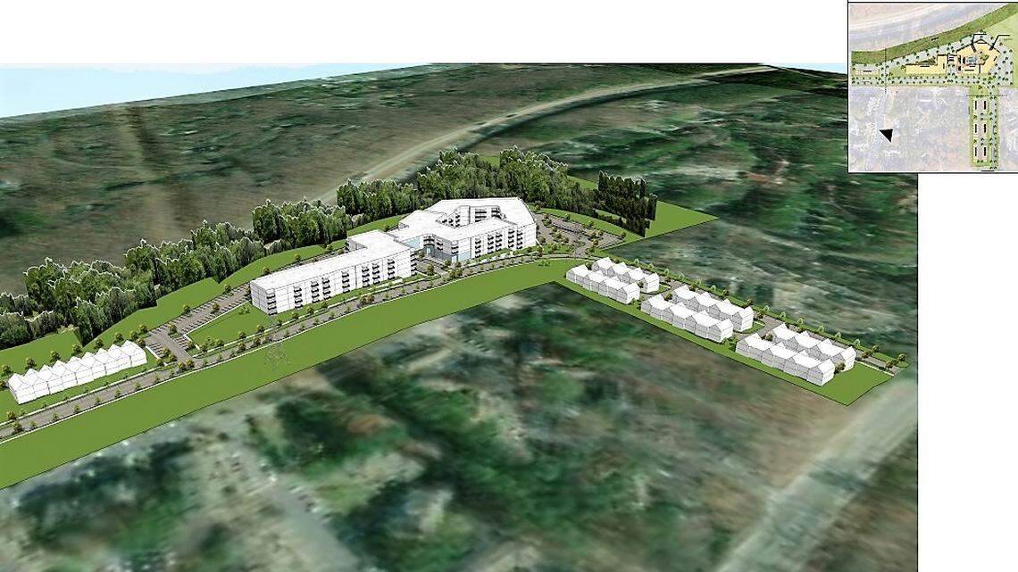 A bird’s-eye view of Aspen Chapel Hill shows 286 apartments in a four- to five-story building, at center, and 51 townhouses with attached garages on roughly 20 acres. Interstate 40 is located north of the site, and Weaver Dairy Road is to the south.