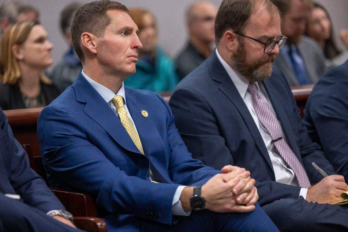 Judge Jefferson Griffin, the Republican candidate for the N.C. Supreme Court listens to testimony in Wake County Superior Court on Friday, February 7, 2025 in Raleigh, N.C. Griffin trails North Carolina Supreme Court Justice Allison Riggs by 734 votes following two recounts of the November 2024 election results. Griffin is attempting to have more than 65,000 ballots cast in the election thrown out. Attorneys for both parties appeared before Wake County Judge William Pittman.
