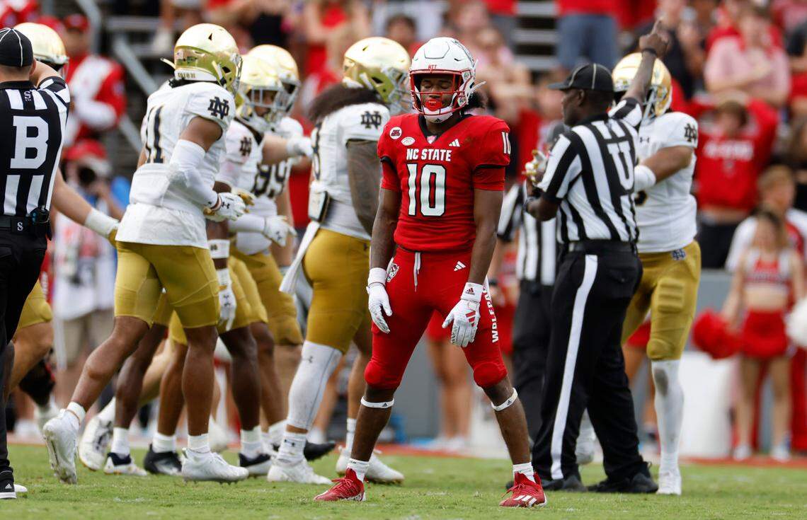 N.C. State wide receiver KC Concepcion (10) reacts after Notre Dame intercepted the ball during the second half of Notre Dame’s 45-24 victory over N.C. State at Carter-Finley Stadium in Raleigh, N.C., Saturday, Sept. 9, 2023.