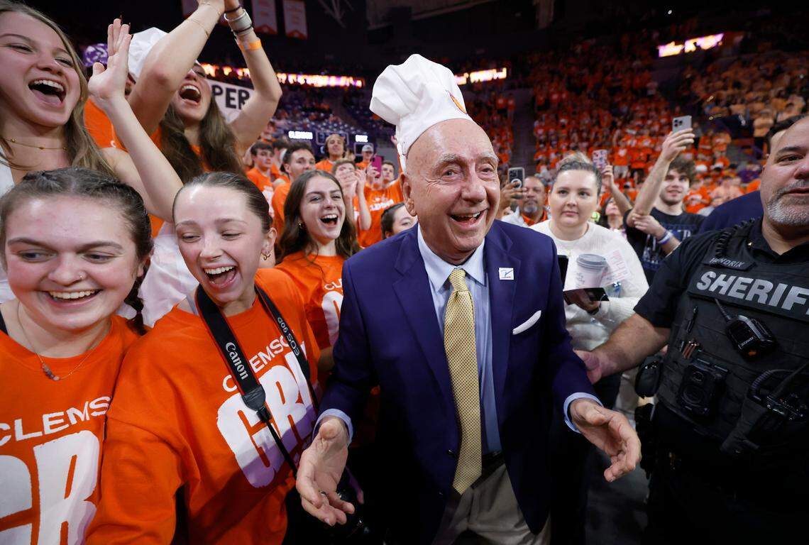 Dick Vitale smiles after getting a chef’s hat put on his head before Duke’s game against Clemson at Littlejohn Coliseum in Clemson, S.C., Saturday, Feb. 8, 2025.