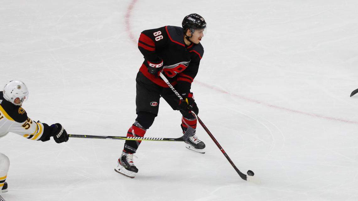 Carolina’s Teuvo Teravainen (86) gets ready to pass the puck during the first period of the Carolina Hurricanes’ game against the Boston Bruins in game four of the Eastern Conference finals at PNC Arena in Raleigh, N.C. Thursday, May 16, 2019.