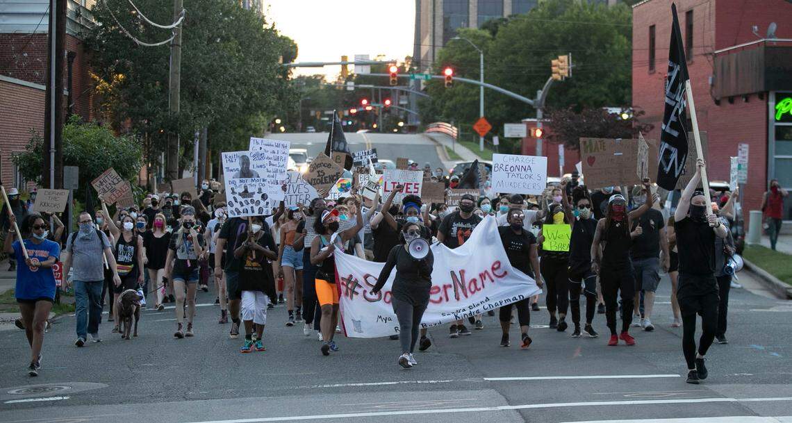 Protesters along Morgan Street on their way from Central Prison to Nash Square on Saturday, June 13, 2020 in Raleigh, N.C.