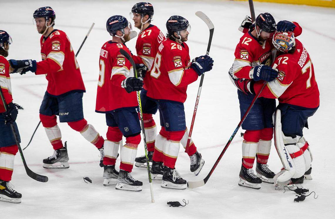 The Florida Panthers Eric Staal (12) embraces goalie Sergei Bobrovsky (72) after shutting out the Carolina Hurricanes 1-0 in Game 3 of the Eastern Conference Finals on Monday, May 22, 2023 at FLA Live Arena in Sunrise, Fla. Bobrovsky made 32 saves.
