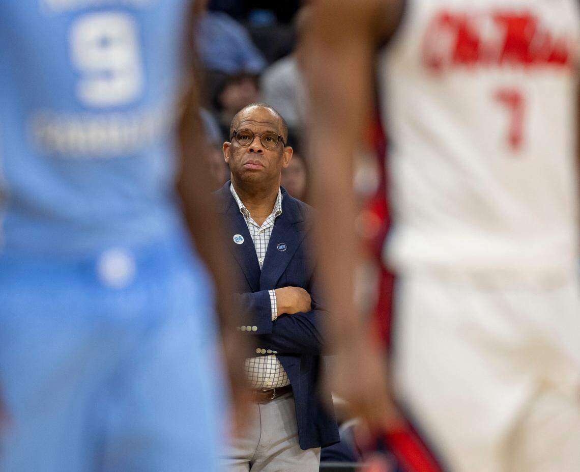Down by 19 points in the second half to Ole Miss, North Carolina coach Hubert Davis watches as players line up for a free throw attempt by Ven-Allen Lubin (22) in the first round of the NCAA Tournament on Friday, March 21, 2025 at Fiserv Forum in Milwaukee, Wisconsin.