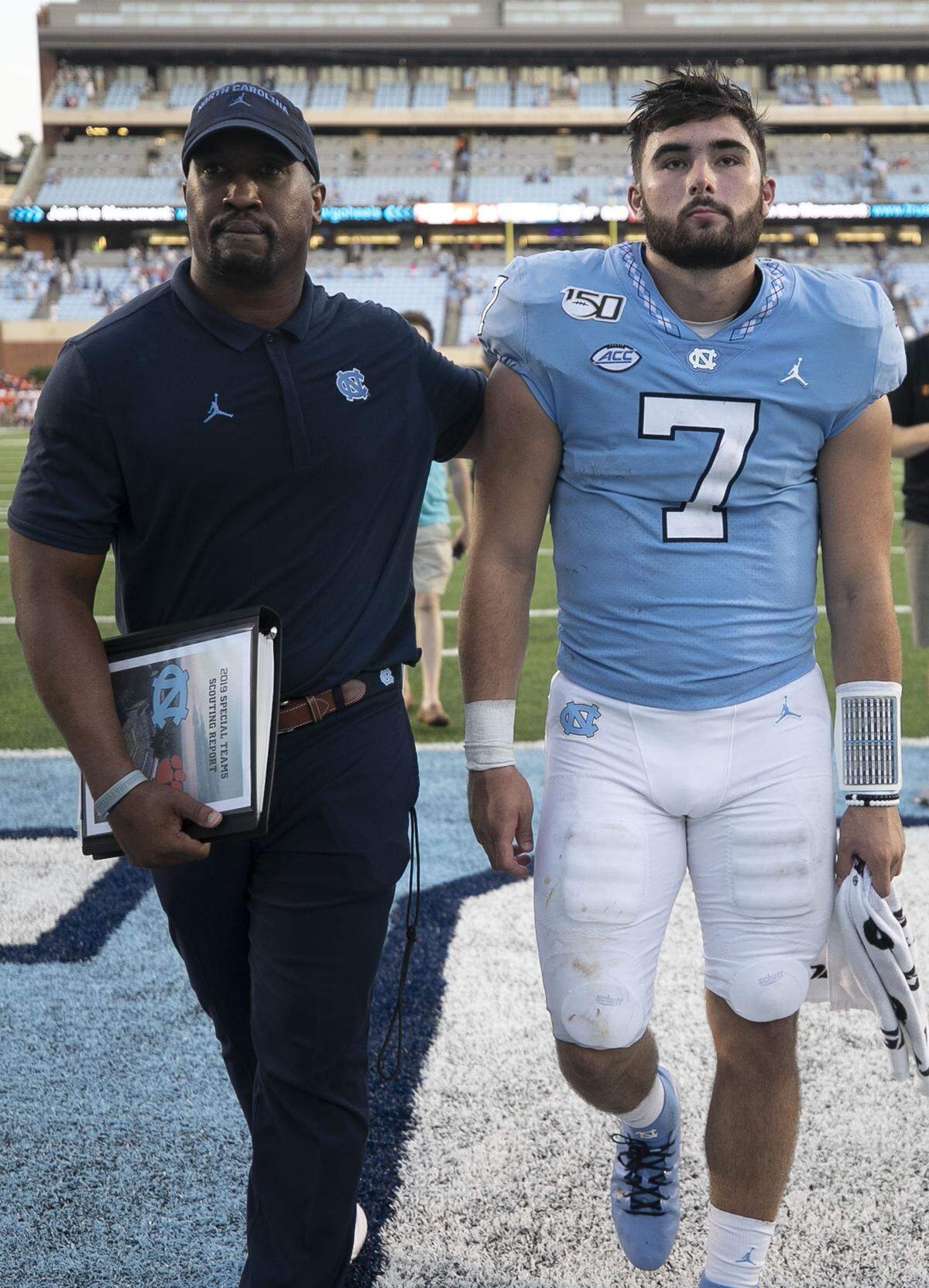 North Carolina quarterback Sam Howell (7) is the last to leave the field following the Tar Heels’ 21-20 loss to Clemson on Saturday, September 28, 2019 at Kenan Stadium in Chapel Hill, N.C.