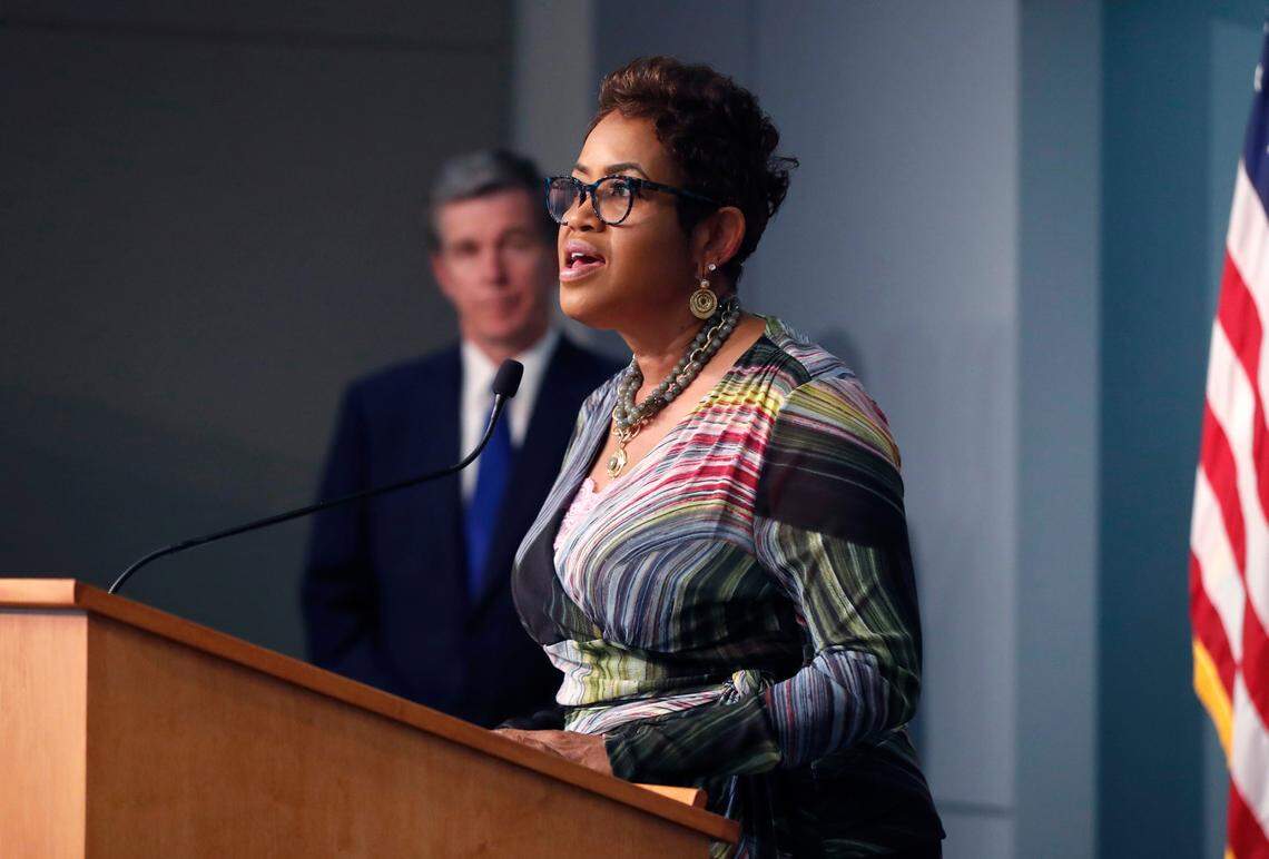 Machelle Sanders, Secretary of the North Carolina Department of Administration, speaks during a briefing at the Emergency Operations Center in Raleigh, N.C., Thursday, June 4, 2020.