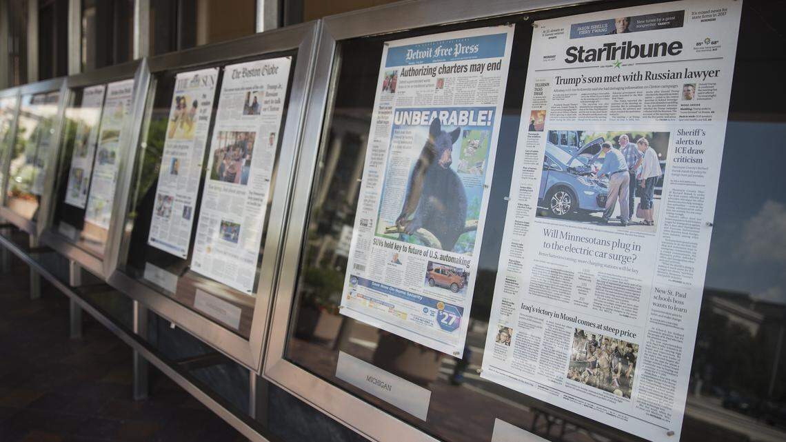 Newspaper front pages are displayed at the Newseum in Washington, Monday, July 10, 2017.