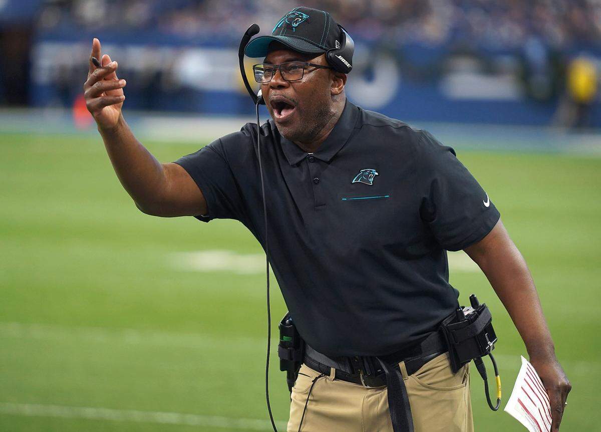 Carolina Panthers interim head coach Perry Fewell argues an officials call during fourth quarter action against the Indianapolis Colts at Lucas Oil Stadium in Indianapolis, Indiana on Sunday, December 22, 2019. The Colts defeated the Panthers 38-6.