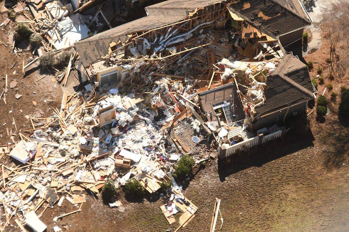 This aerial photo shows the devastation Tuesday Feb. 16, 2021, in the Ocean Ridge Plantation area of Brunswick County, N.C. following a tornado.