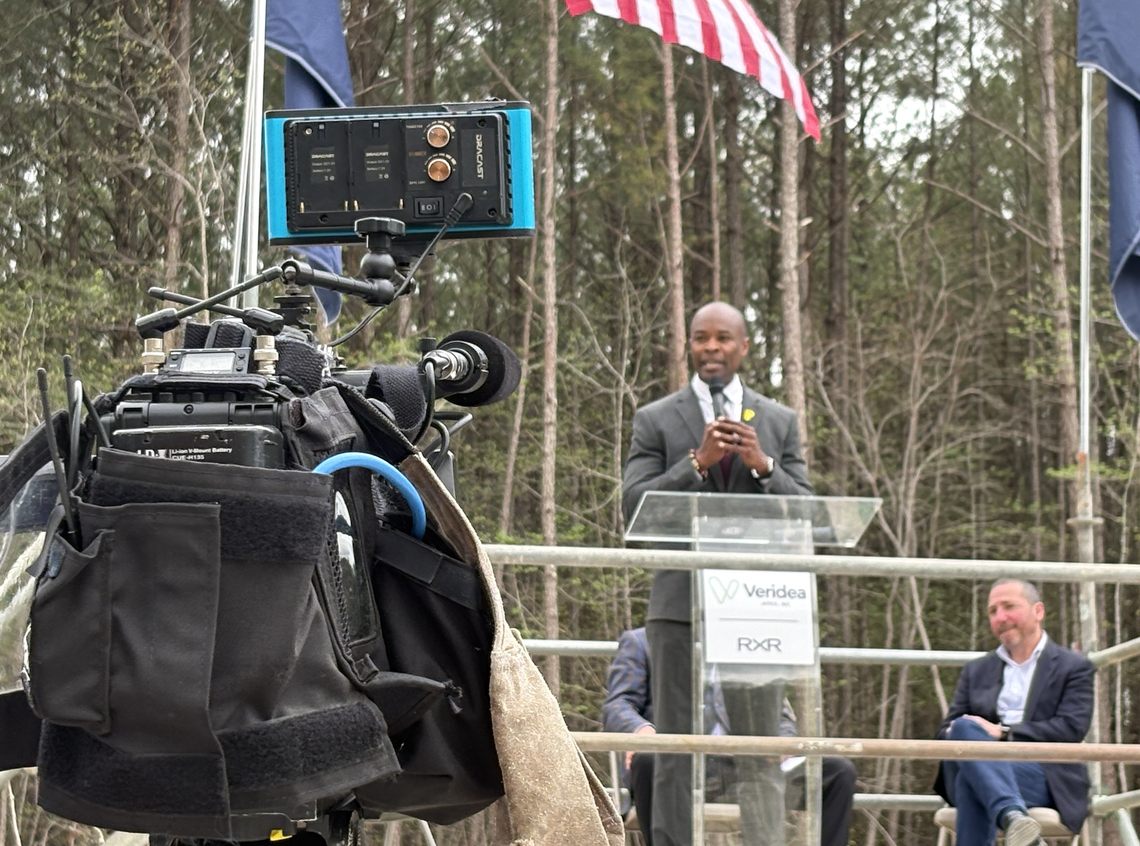 Apex Mayor Jacques Gilbert speaks at a “manhole” signing for the Veridea project in this file photo from April 2025.