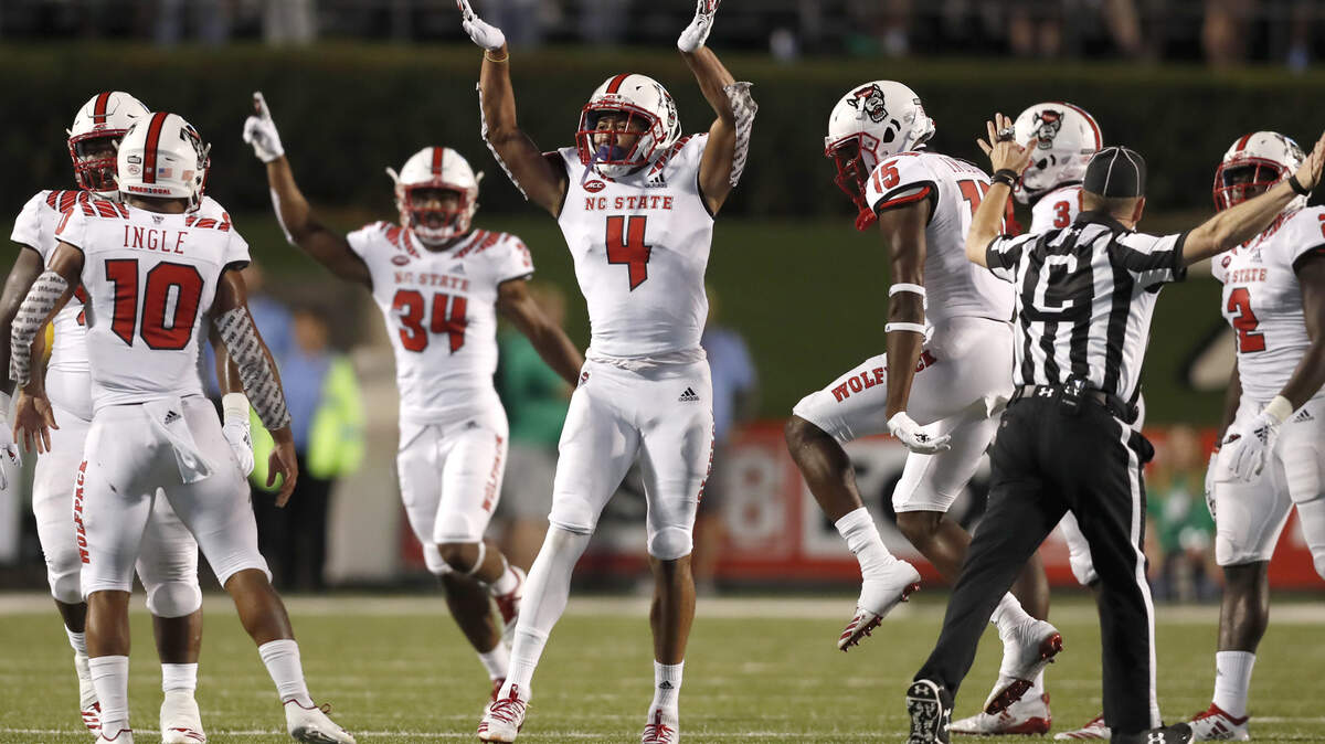 N.C. State cornerback Nick McCloud (4) celebrates recovering a Marshall fumble during the first half of N.C. State’s game against Marshall at Joan C. Edwards Stadium at Marshall University in Huntington, West Virginia Saturday, Sept. 22, 2018.