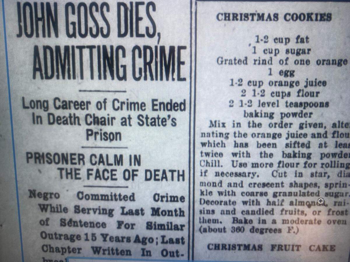 A front page of The News & Observer in 1923 announces John Goss’ death by electrocution, alongside a recipe for Christmas cookies