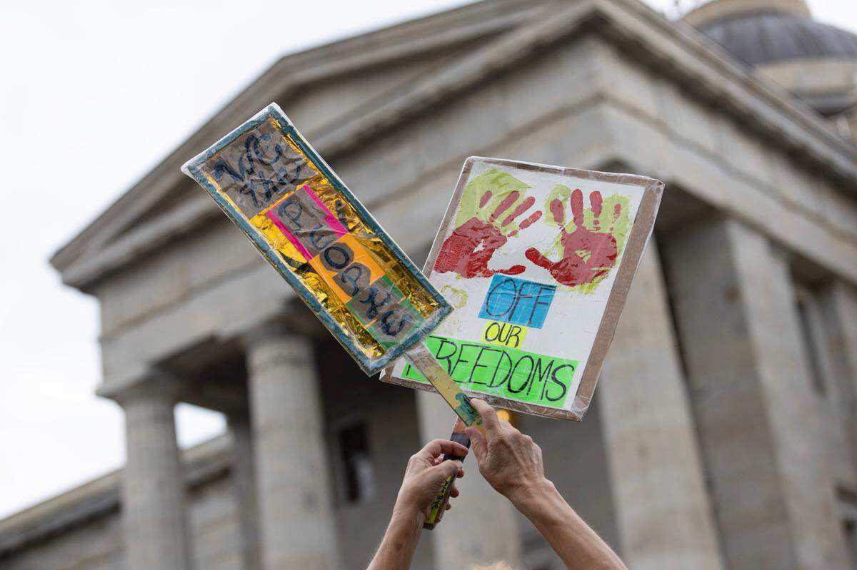 People march outside the North Carolina State Legislature in a “good trouble” protest of Bill HB-958 on Thursday, July 17, 2025, the fifth anniversary of John Lewis’s death.