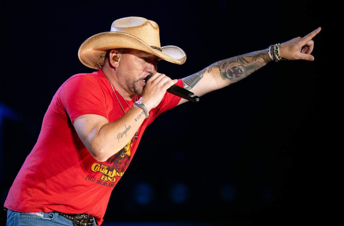 Jason Aldean performs during his concert at Raleigh, N.C.’s Coastal Credit Union Music Park at Walnut Creek, Friday night, Aug. 11, 2023.