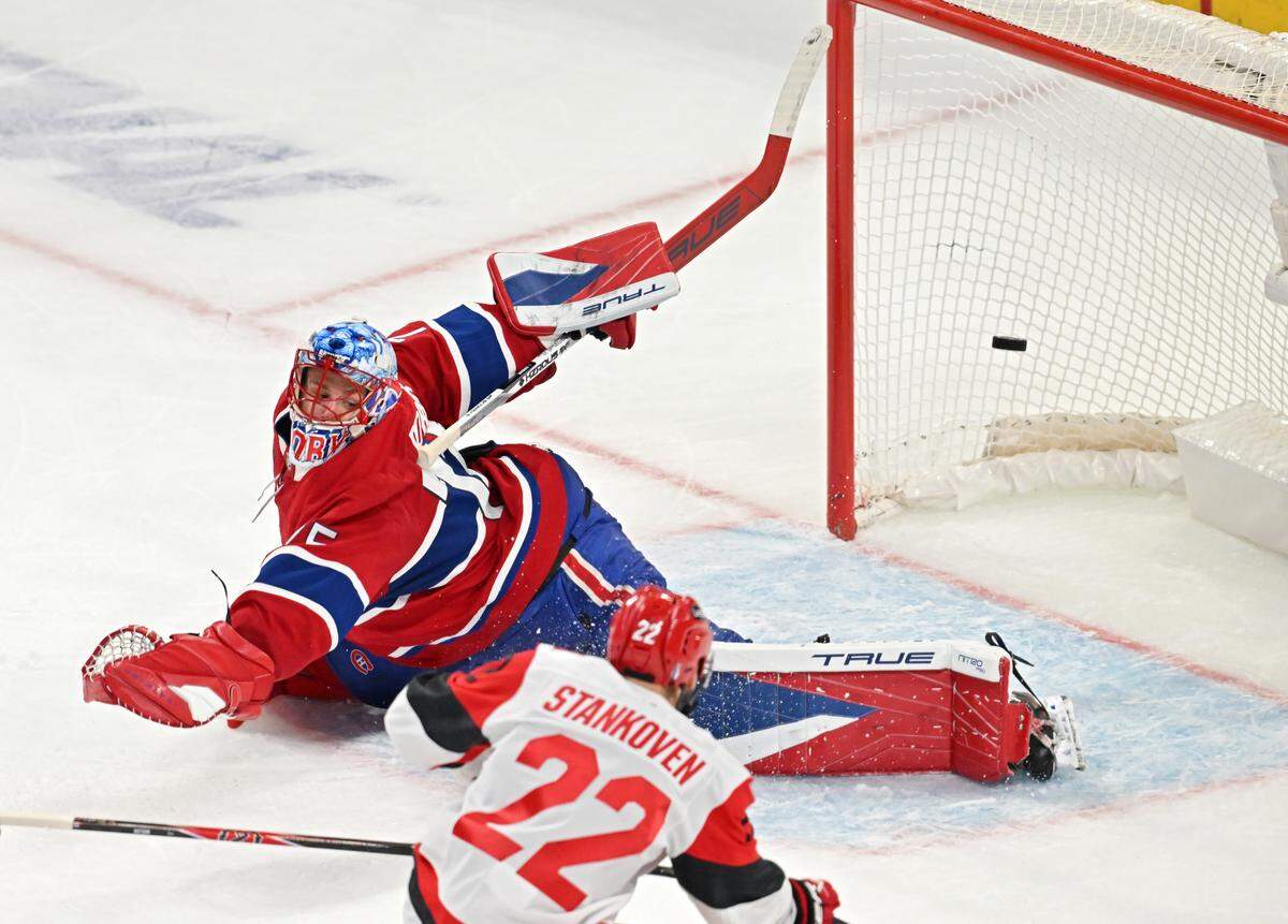 Carolina Hurricanes forward Logan Stankovern (22) scored on Montreal Canadiens goalie Jakub Dobes during the first period in Game 4 of the Eastern Conference Final of the 2026 Stanley Cup Playoffs at Bell Centre on May 27, 2026 in Montreal, Quebec, Canada.